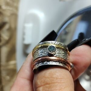 BRASS COPPER AND STERLING SILVER DRUZY SPINNER RING